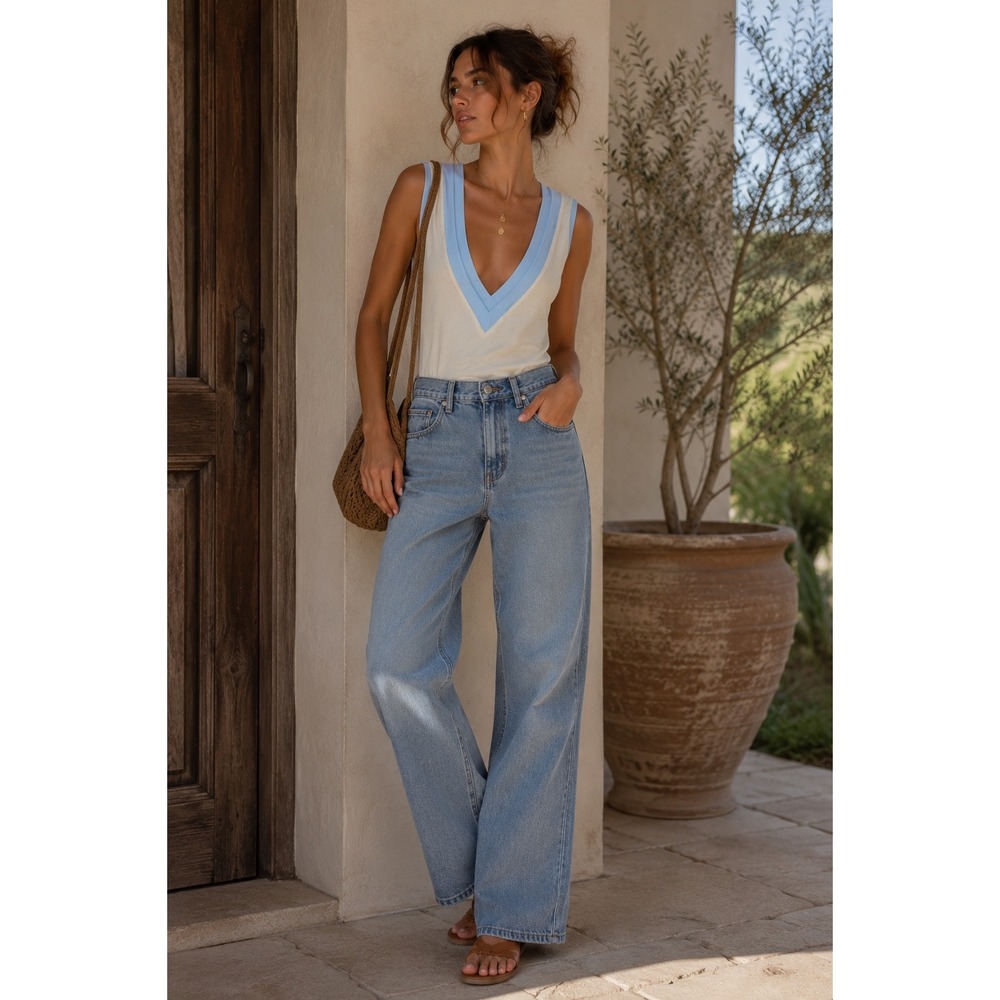 Free People Cozy‎ Cool Girl Tank Bodysuit Cream Blue V-Neck Large